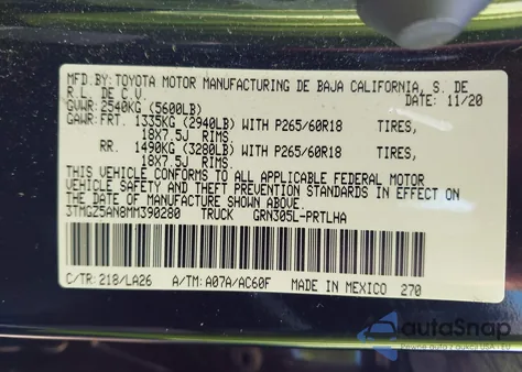 2021 Toyota Tacoma Limited z USA, uszkodzony, nr VIN 3TMGZ5AN8MM390280